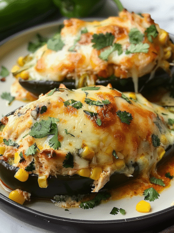 Cheesy Chicken and Corn Stuffed Poblano Peppers