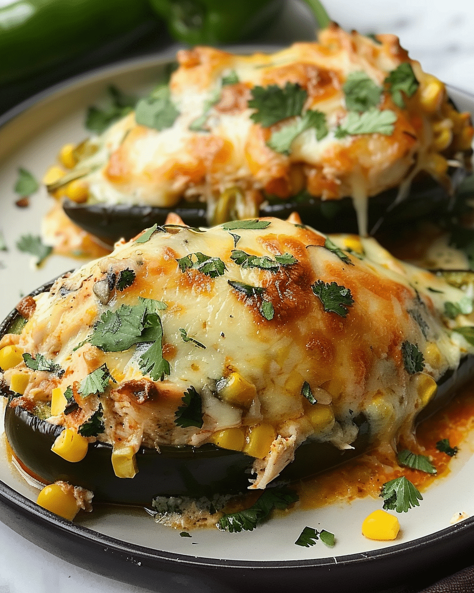 Cheesy Chicken and Corn Stuffed Poblano Peppers