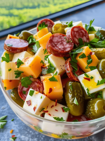 Easy Marinated Cheese Appetizer with Salami & Pickles