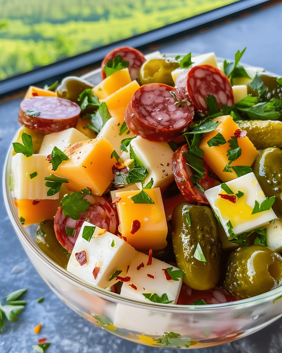 Easy Marinated Cheese Appetizer with Salami & Pickles