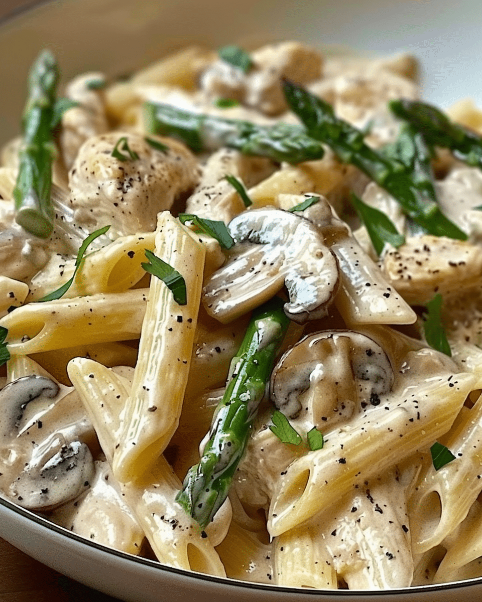 Creamy Mushroom and Asparagus Chicken Penne