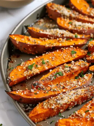 Easy Baked Garlic Parmesan Sweet Potato Wedges