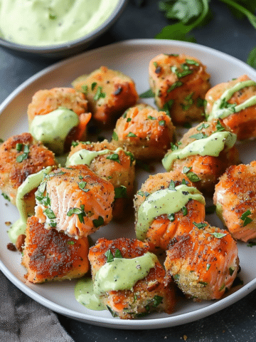 Golden Baked Salmon Bites with Velvety Avocado Drizzle