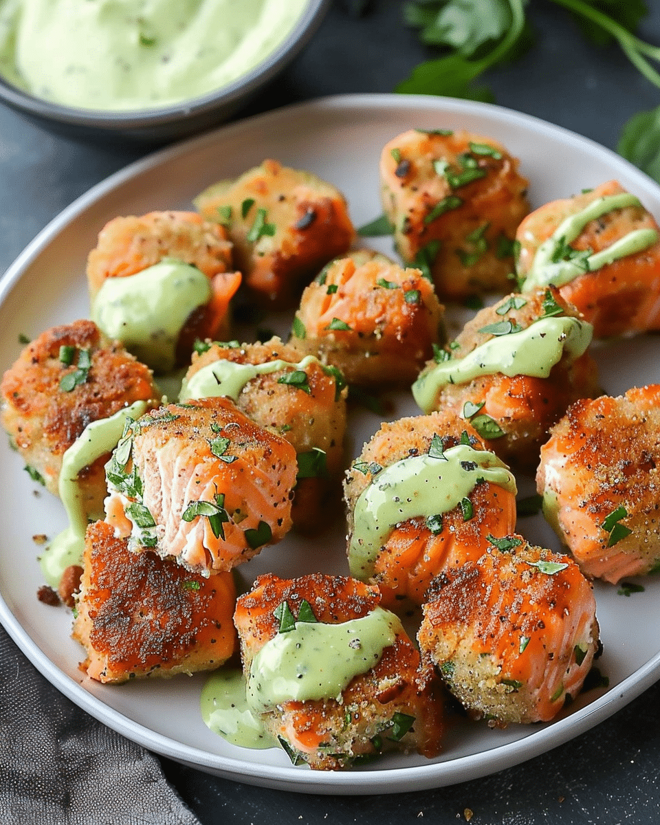 Golden Baked Salmon Bites with Velvety Avocado Drizzle