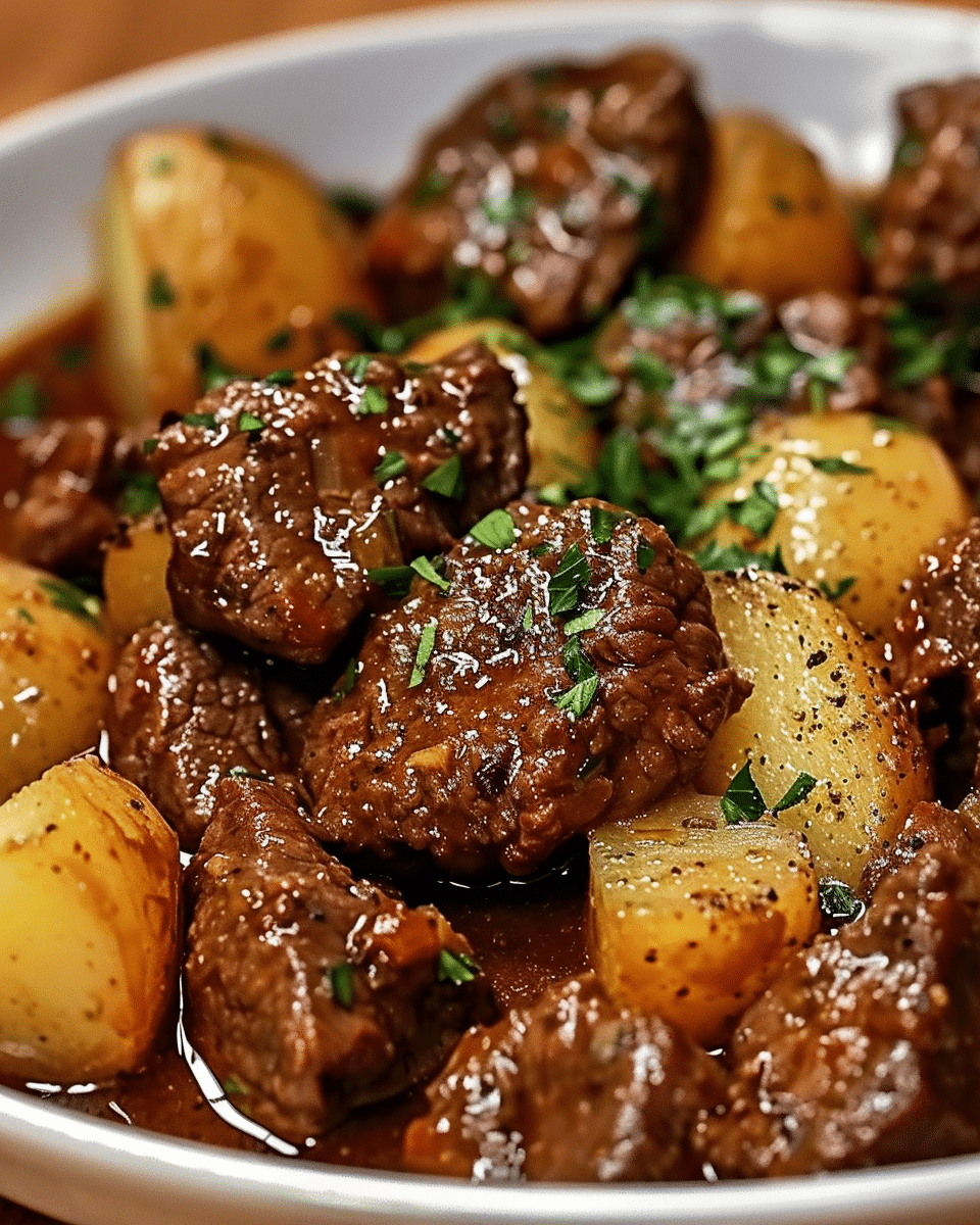 Slow Cooker Garlic Butter Beef Bites & Potatoes