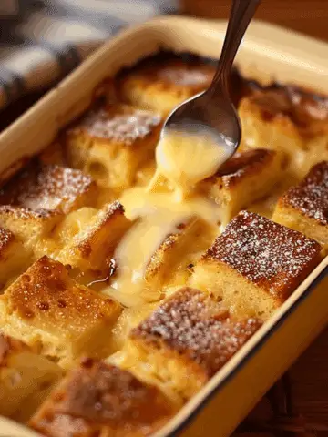 Bread Pudding in Casserole with Vanilla Sauce