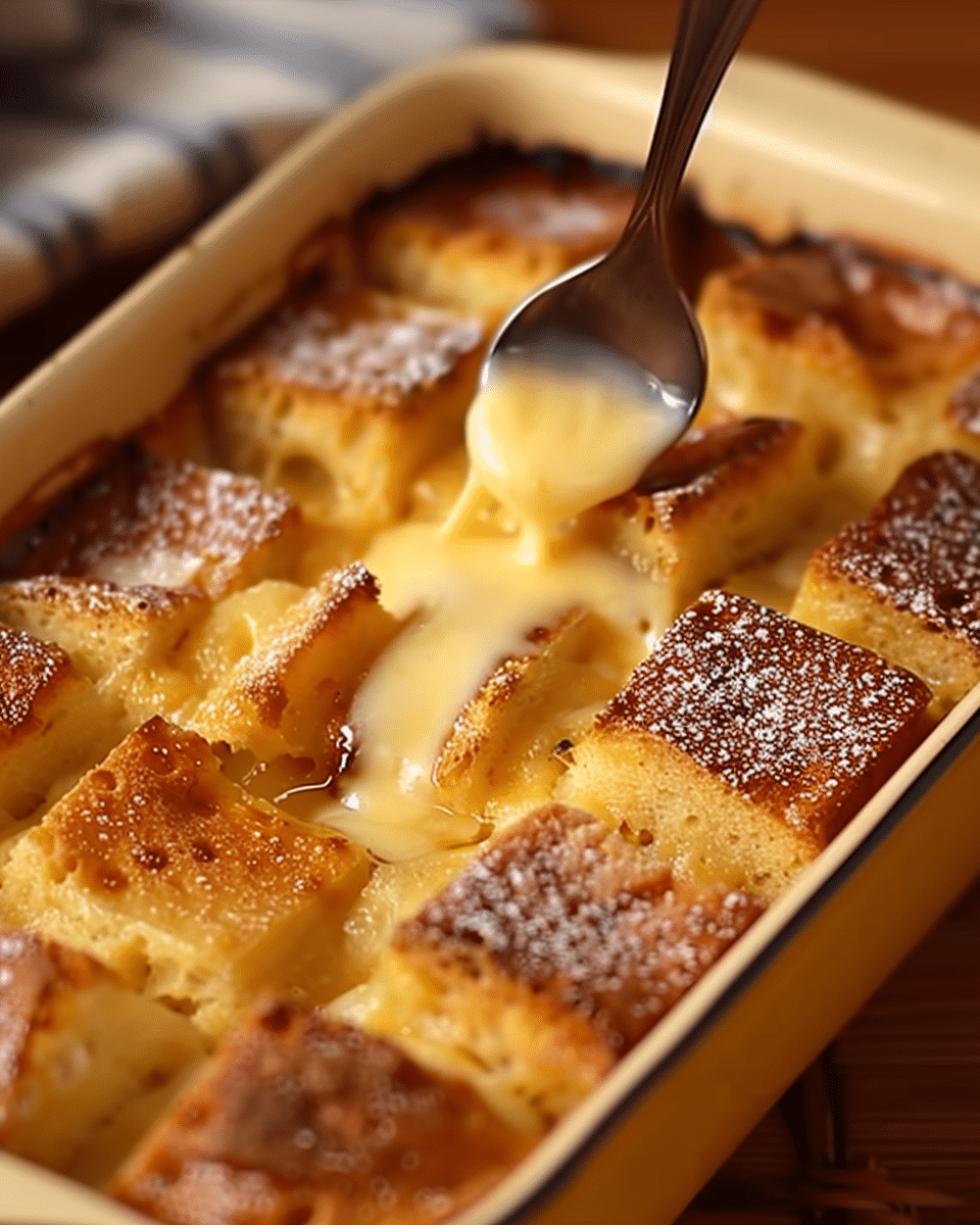 Bread Pudding in Casserole with Vanilla Sauce