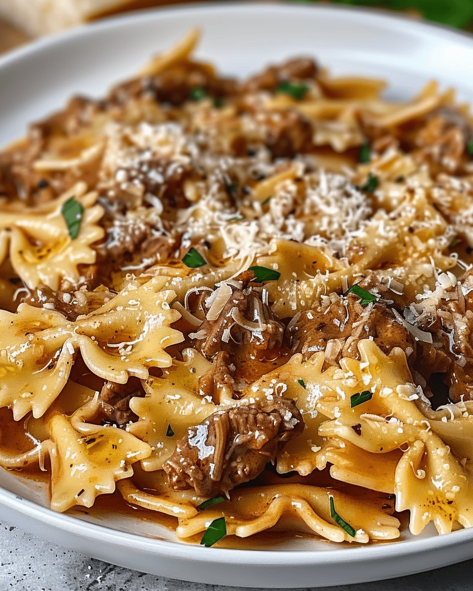 Creamy Parmesan Garlic Beef Bowtie Pasta
