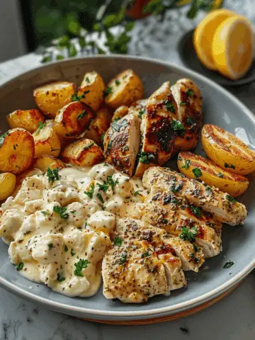 Lemon Ricotta Greek Chicken Alfredo with Garlic Potatoes