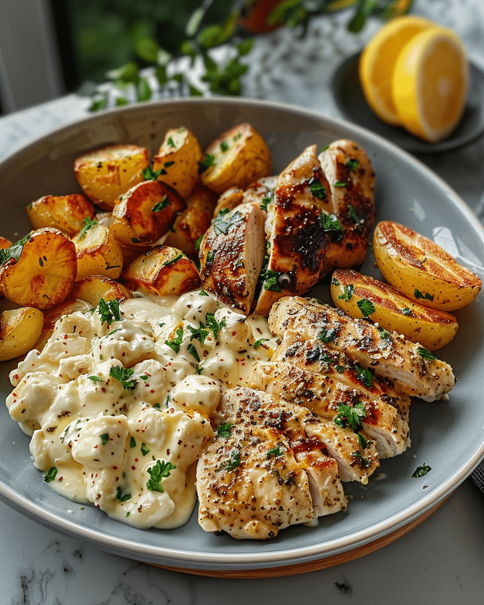 Lemon Ricotta Greek Chicken Alfredo with Garlic Potatoes