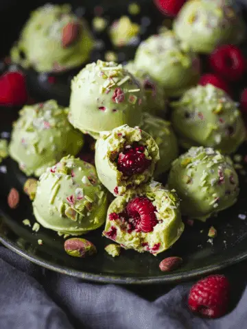 Pistachio Truffles with Raspberries