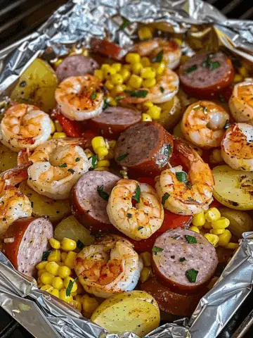Shrimp, Corn, Potatoes, and Smoked Sausage Foil Pack