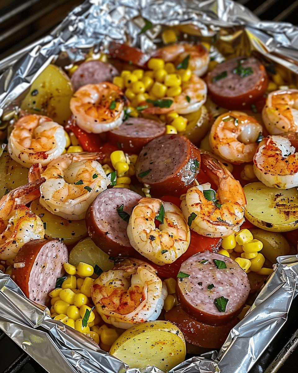 Shrimp, Corn, Potatoes, and Smoked Sausage Foil Pack