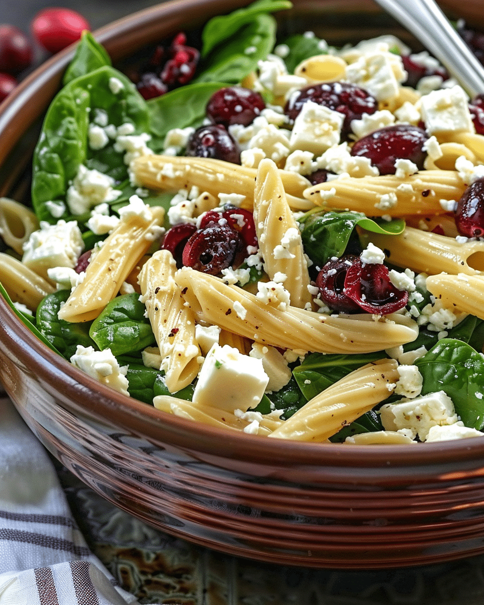 Spinach Pasta Salad with Feta and Cranberries