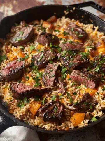 Steak, Cheese, and Rice Skillet