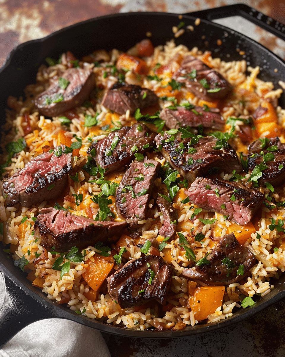 Steak, Cheese, and Rice Skillet