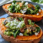 Sweet Potato Boats Filled with Spinach, Mushroom & Feta Topped with Creamy Avocado Dressing