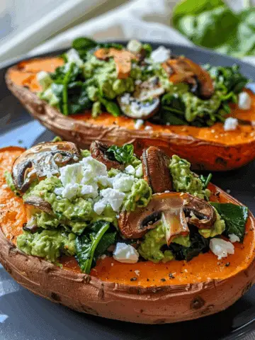 Sweet Potato Boats Filled with Spinach, Mushroom & Feta Topped with Creamy Avocado Dressing