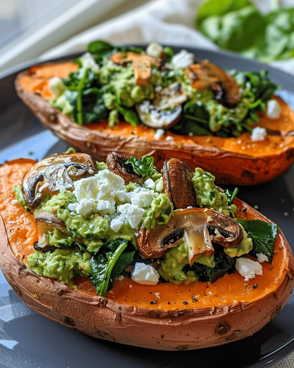 Sweet Potato Boats Filled with Spinach, Mushroom & Feta Topped with Creamy Avocado Dressing