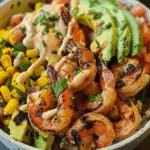 Yummy Grilled Shrimp Bowl with Avocado Corn Salsa and Creamy Sauce
