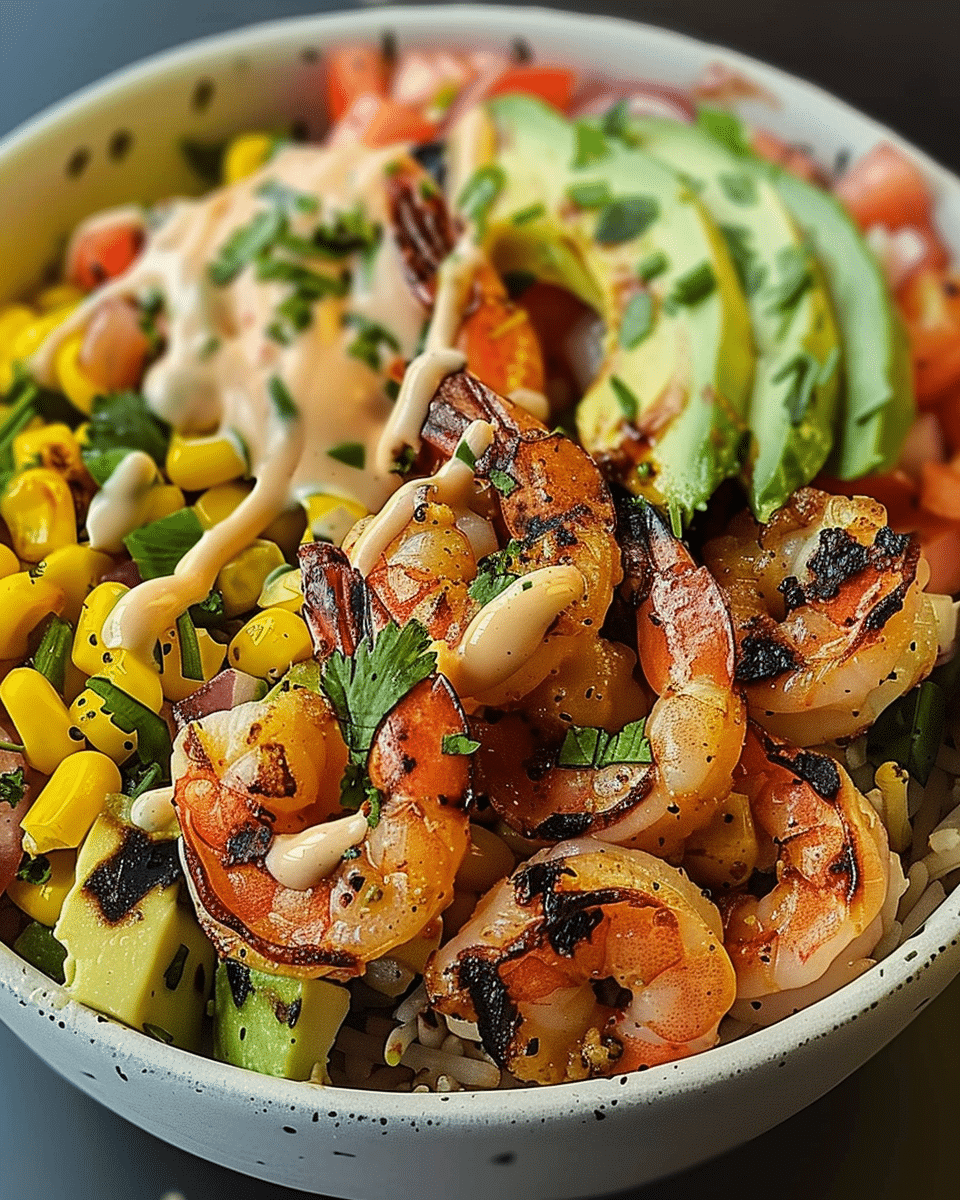 Yummy Grilled Shrimp Bowl with Avocado Corn Salsa and Creamy Sauce