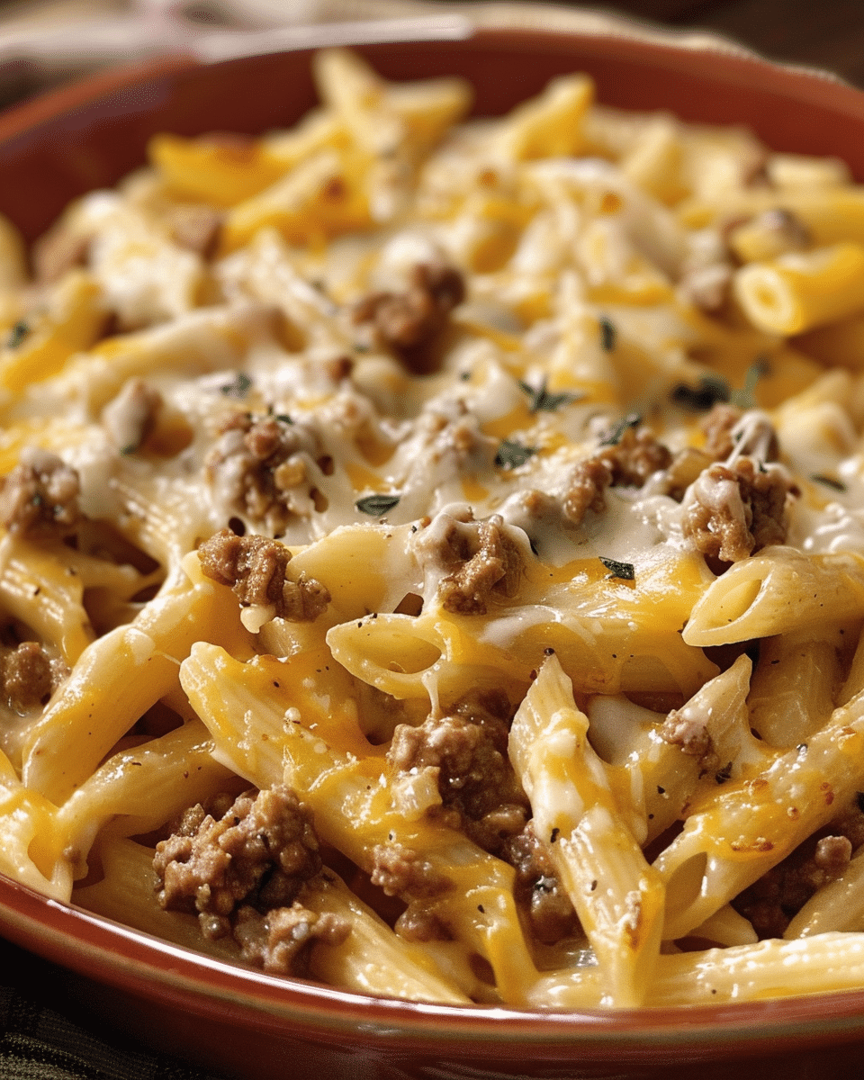 Cheesy Penne with Garlic Butter Ground Beef