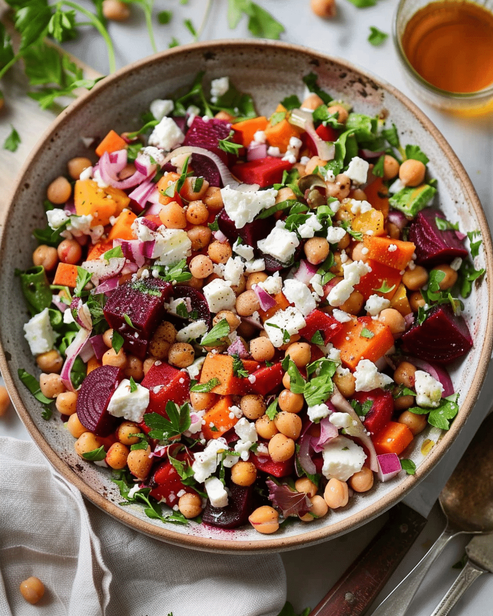 Chickpea, Beet & Feta Salad with Lemon-Garlic Vinaigrette
