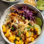 Fish Taco Slaw Bowls with Mango Salsa and Chipotle Aioli