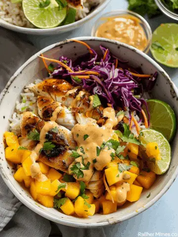 Fish Taco Slaw Bowls with Mango Salsa and Chipotle Aioli