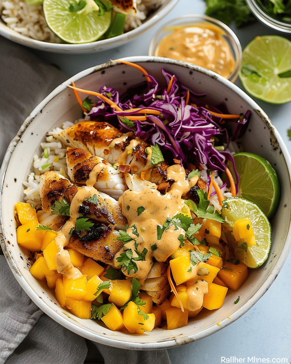 Fish Taco Slaw Bowls with Mango Salsa and Chipotle Aioli