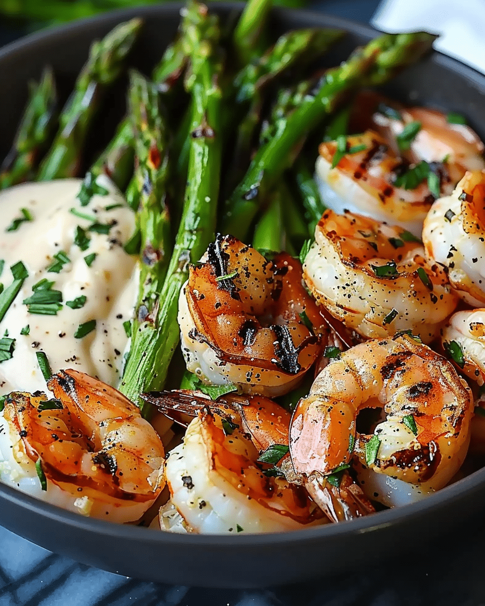 Grilled Shrimp Bowl with Asparagus & Creamy Garlic Sauce
