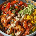 Grilled Shrimp Bowl with Avocado, Corn Salsa & Creamy Sauce
