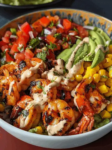 Grilled Shrimp Bowl with Avocado, Corn Salsa & Creamy Sauce