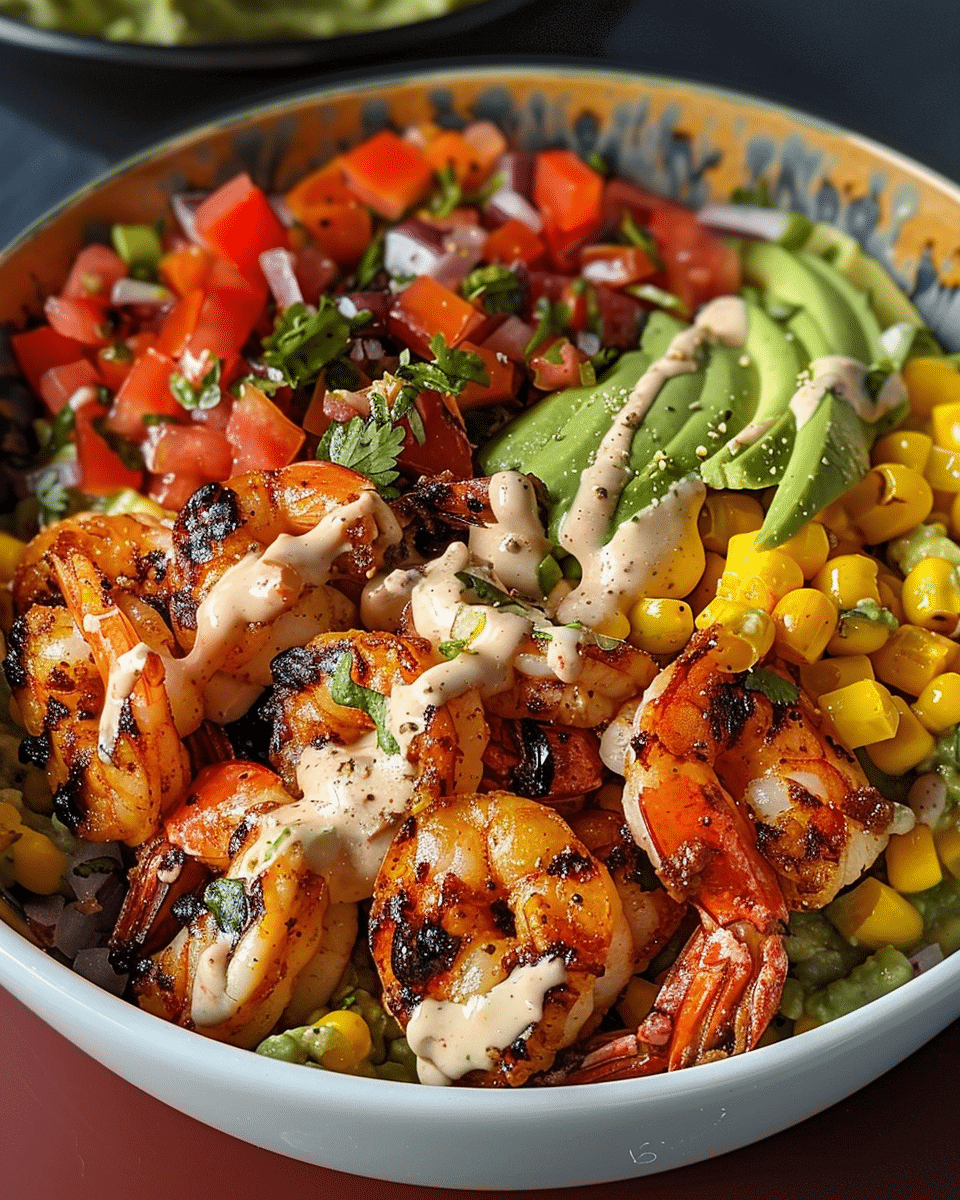 Grilled Shrimp Bowl with Avocado, Corn Salsa & Creamy Sauce