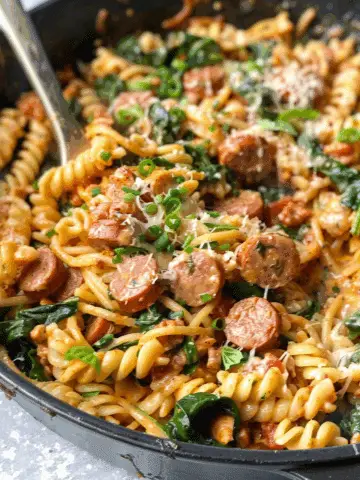 One-Pot Cheesy Chicken Pasta with Spinach and Sausage