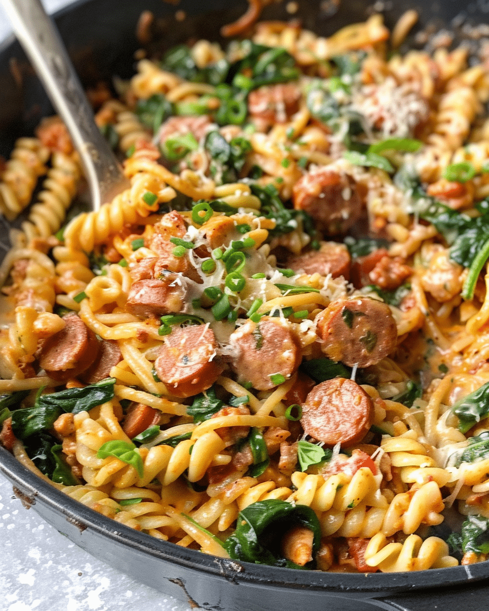 One-Pot Cheesy Chicken Pasta with Spinach and Sausage