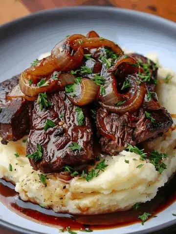 Seared Beef Tips with Caramelized Onions & Creamy Mashed Potatoes