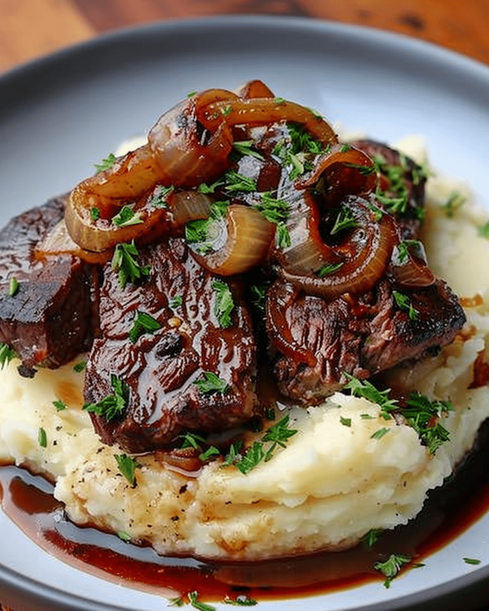 Seared Beef Tips with Caramelized Onions & Creamy Mashed Potatoes