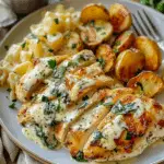Spinach-Artichoke Garlic Chicken Alfredo with Crispy Parmesan Potatoes