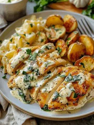 Spinach-Artichoke Garlic Chicken Alfredo with Crispy Parmesan Potatoes