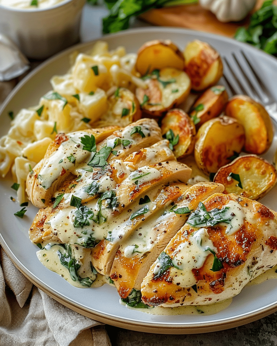 Spinach-Artichoke Garlic Chicken Alfredo with Crispy Parmesan Potatoes