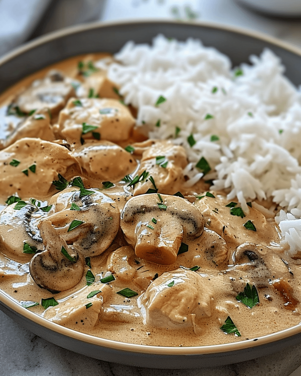 Creamy Dreamy Chicken & Mushroom Stroganoff with Rice