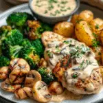 Grilled Chicken with Mushroom Cream Sauce, Herb Gnocchi, Roasted Baby Potatoes & Steamed Broccoli