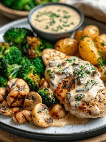 Grilled Chicken with Mushroom Cream Sauce, Herb Gnocchi, Roasted Baby Potatoes & Steamed Broccoli