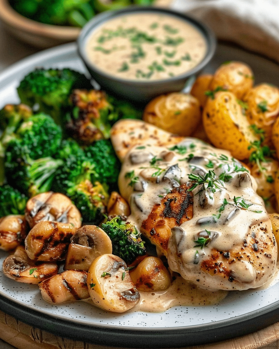 Grilled Chicken with Mushroom Cream Sauce, Herb Gnocchi, Roasted Baby Potatoes & Steamed Broccoli