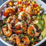 Grilled Shrimp Bowl with Avocado, Corn Salsa & Creamy Garlic Sauce