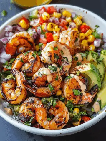 Grilled Shrimp Bowl with Avocado, Corn Salsa & Creamy Garlic Sauce