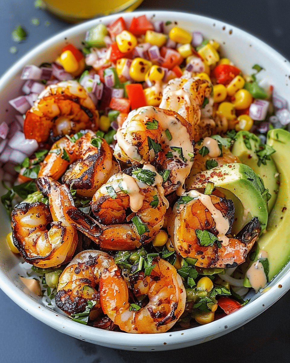 Grilled Shrimp Bowl with Avocado, Corn Salsa & Creamy Garlic Sauce