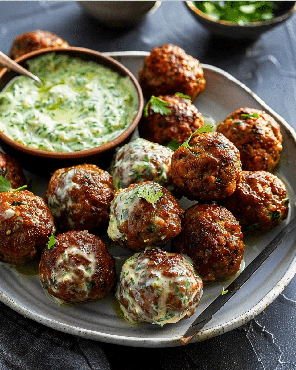 Christmas Spicy Lamb Meatballs with Green Goddess Dip