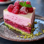 Elegant Pistachio Raspberry Crunch Cheesecake